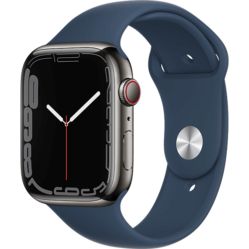 Apple Watch Series 7 45 mm Edelstahl Graphit, Sportarmband Abyssblau - Vorne und Hinten