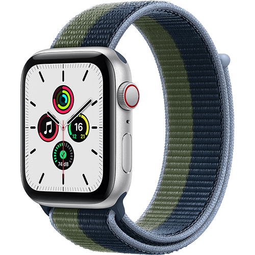 99932712 - Apple Watch SE 44mm Aluminium Silber, Sport Loop Abyssblau/Moosgrün - Vorne und Hinten
