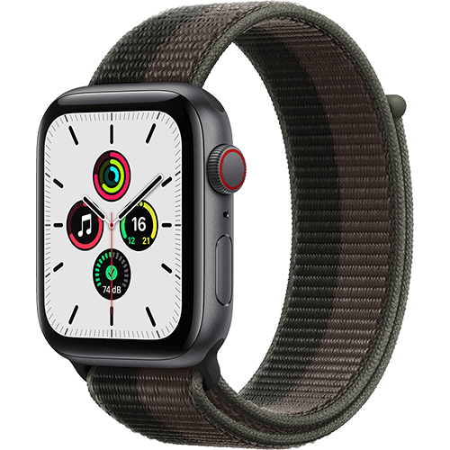 99932716 - Apple Watch SE 44mm Aluminium Space Grau, Sport Loop Tornado/Grau - Vorne und Hinten