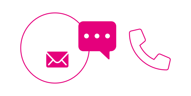 Grafik die ein stilitisches Telefon, eine E-Mail und eine Sprechblase zeigt