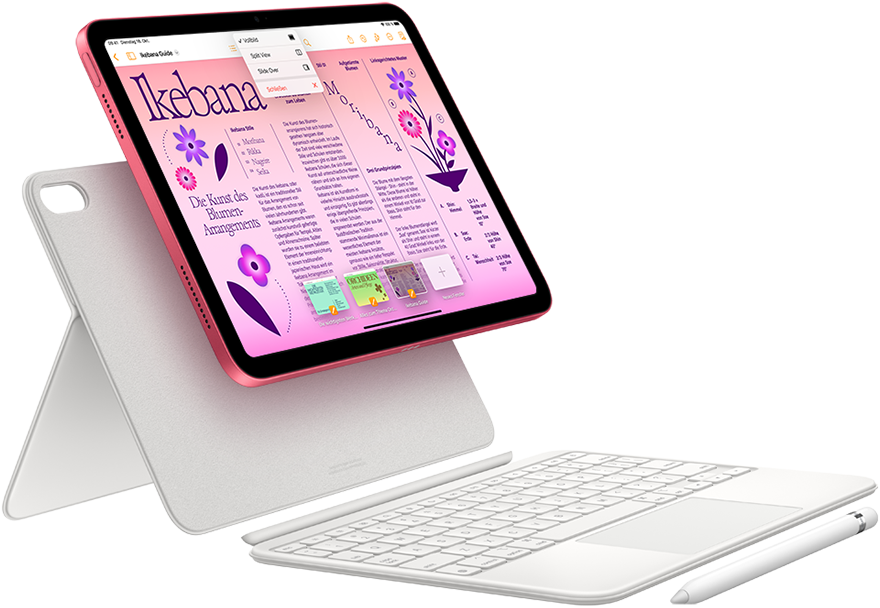 iPad, Magic Keyboard Folio, Apple Pencil, AirPods und Smart Folio sind abgebildet.