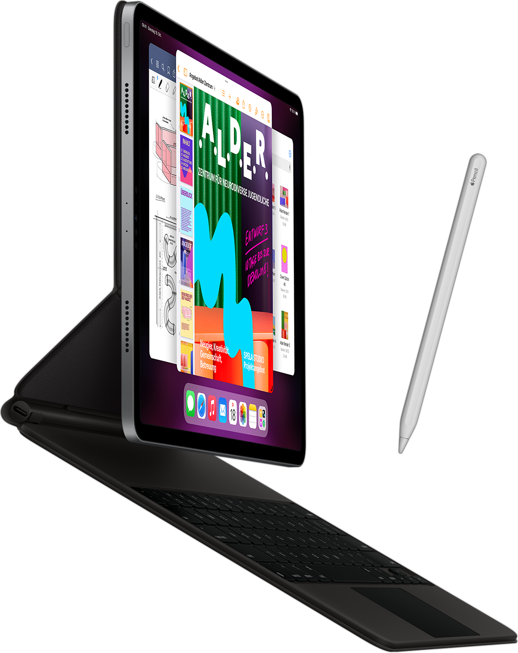 Seitenansicht eines iPad Pro mit Smart Keyboard Folio und Apple Pencil