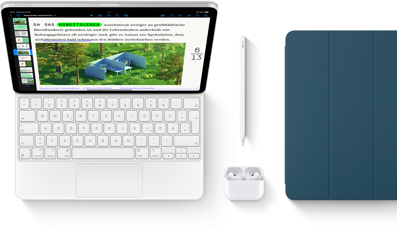 Smart Keyboard Folio, Apple Pencil, AirPods Pro und iPad Cover in Marineblau