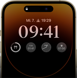 Die Vorderansicht des iPhone 14 Pro, die das Always‑On Display mit Uhrzeit, Datum, vier Widgets und mehr zeigt.