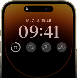 Die Vorderansicht des iPhone 14 Pro, die das Always‑On Display mit Uhrzeit, Datum, vier Widgets und mehr zeigt.