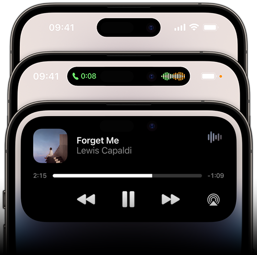 iPhone 14 Pro Displays, die die Dynamic Island in drei verschiedenen Zuständen zeigen.