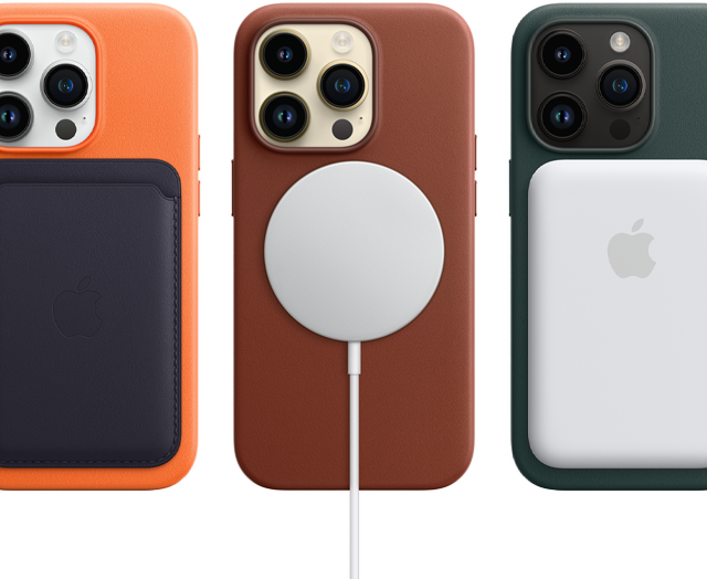 iPhone 14 Pro MagSafe Cases in Orange, Umbra und Waldgrün mit MagSafe Zubehör: Wallet, Ladegerät und eine Batterie.