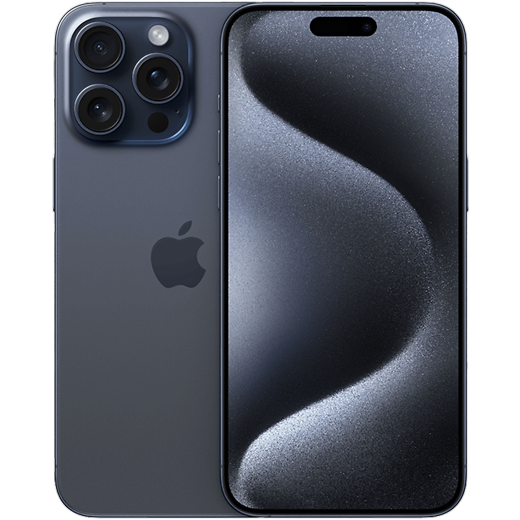 iPhone 15 Pro Max in Titan Blau von vorne und hinten