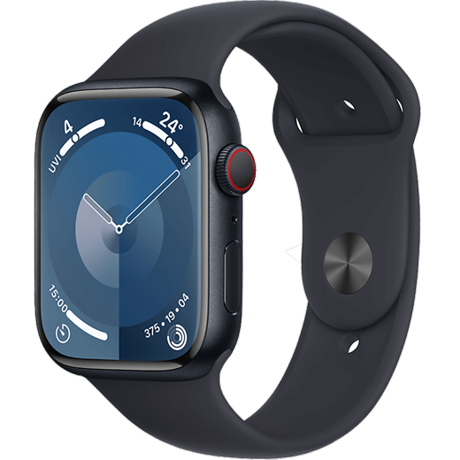 Apple Watch Series 9 Aluminium Sportarmband Mitternacht/Mitternacht M/L - Vorne/Hinten