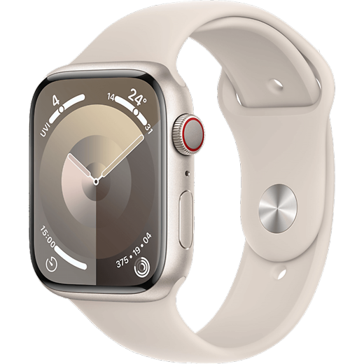 Apple Watch Series 9 Aluminium Sportarmband Polarstern/Polarstern M/L - Vorne/Hinten