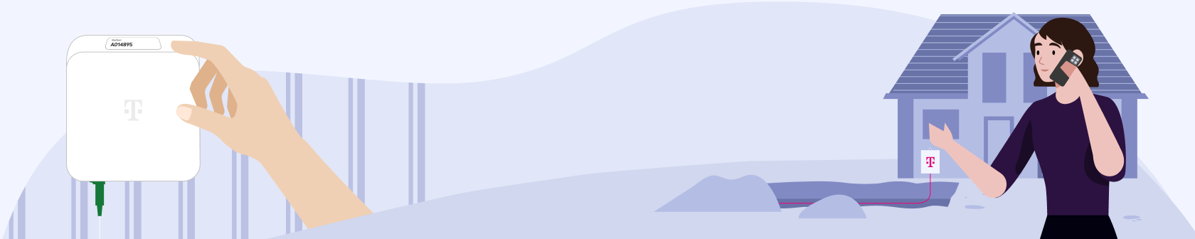 Bild: Frau telefoniert vor einem mit Glasfaser versorgten Haus